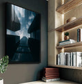 Quadro Decorativo Edifícios em Visão Moderna | quadros decorativos para sala | Perspectiva arquitetônica de edifícios altos em tons azuis com céu nublado | Porao dos Quadros