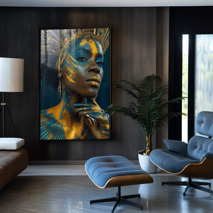 Quadro Feminino Azul e Dourado - Poder e Beleza | quadros decorativos para sala | Mulher com rosto e corpo cobertos em padrões geométricos dourados e azuis vibrantes com ornamentos | Porao dos Quadros