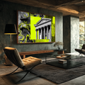 Quadro Decorativo Moderno Arquitetônico | quadros decorativos para sala | Edifício clássico com colunas em amarelo neon vibrante e padrões texturizados em preto | Porao dos Quadros