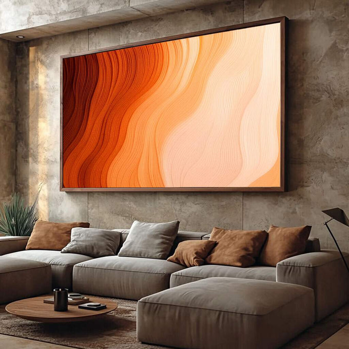 Quadro Decorativo Fluir do Pôr do Sol | quadros decorativos para sala | Padrão abstrato de ondas fluidas em tons de laranja, bege e creme com movimento suave | Porao dos Quadros