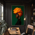 Quadro Decorativo Mulher Vibrante | quadros decorativos para sala | Mulher em turbante laranja e amarelo com brincos dourados em fundo verde profundo | Porao dos Quadros