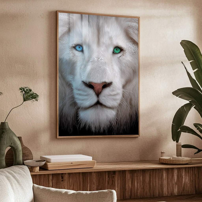 Quadro Decorativo Leão Glacial Imponente | quadros decorativos para sala | Leão branco com olhos verdes e azuis em composição realista preto e branco | Porao dos Quadros