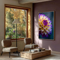 Quadro Decorativo Flor Exuberante Amarelo e Roxo | quadros decorativos para sala | Dália roxa e amarela em aquarela com pétalas detalhadas e luz natural. | Porao dos Quadros