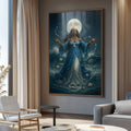 Quadro Decorativo Orixá Iemanjá: Rainha do Mar | quadros decorativos para sala | Deusa da lua em veste azul contra lua cheia, com braços abertos e aura dourada em composição realista. | Porao dos Quadros