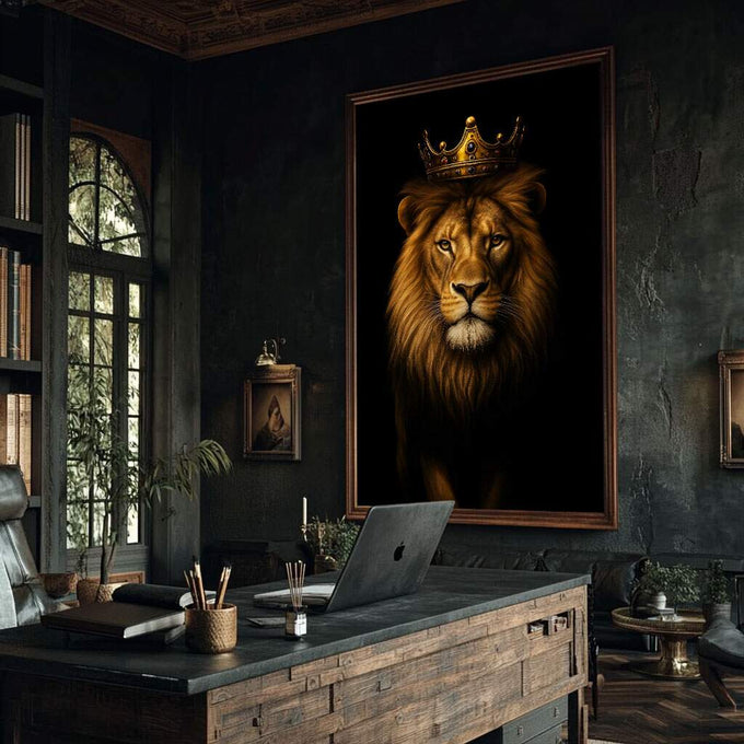 Quadro Decorativo Leão Dourado Majestoso | quadros decorativos para sala | Leão majestoso com coroa dourada em fundo preto com iluminação dramática e realista | Porao dos Quadros
