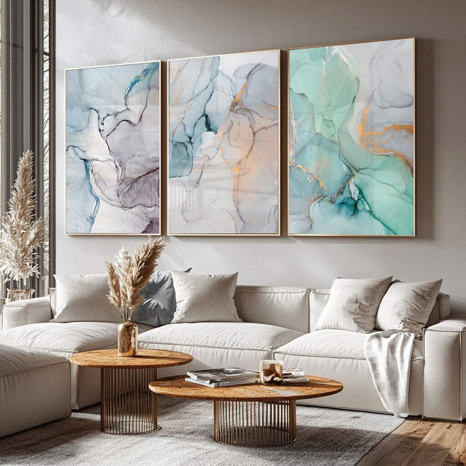 Quadro Decorativo: Explosão de Cores para Estímulo Visual | quadros decorativos para sala | Triptela abstrata em aquarela com fluxos fluidos de azul, verde-menta e bege | Porao dos Quadros