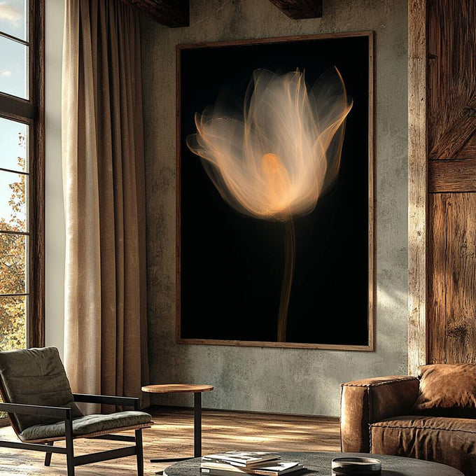 Quadro Decorativo Flor Etérea em Fundo Negro | quadros decorativos para sala | Tulipa dourada luminosa com pétalas translúcidas sobre fundo preto profundo | Porao dos Quadros
