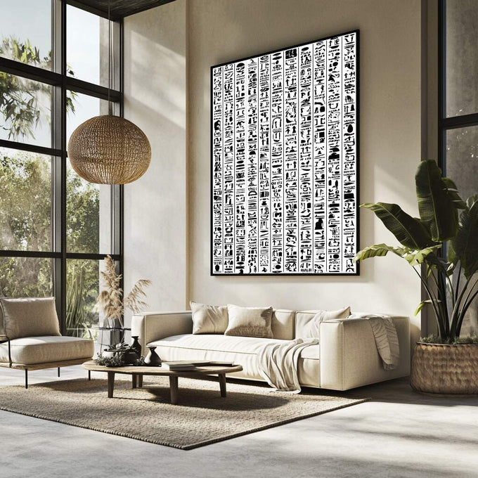 Quadro Decorativo Hieróglifos Modernos | quadros decorativos para sala | Hieróglifos egípcios em preto e branco em composição densa de grid estruturado | Porao dos Quadros