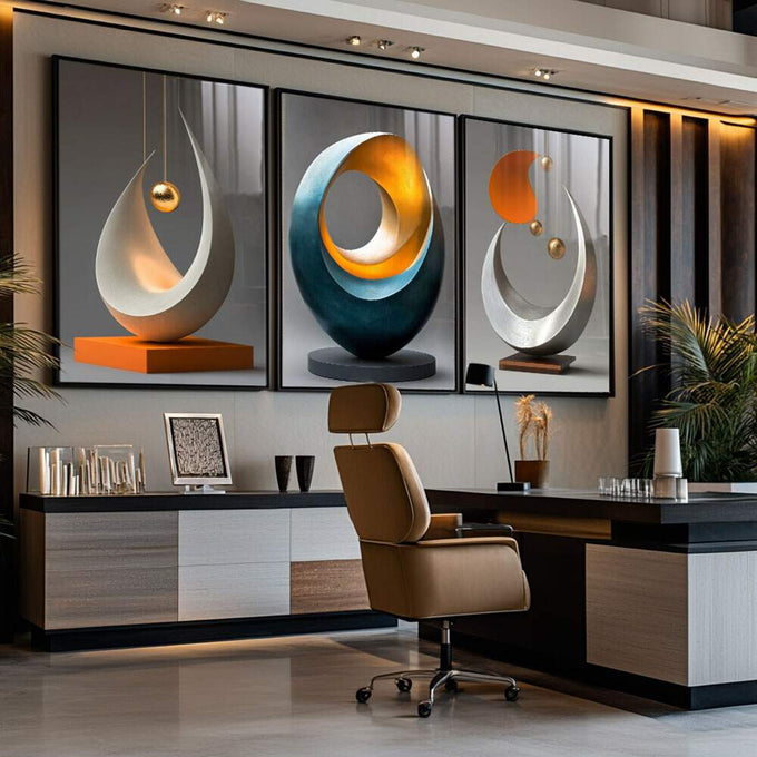 Conjunto Abstrato de Quadros Fluídos - Movimento e Elegância em 3 Peças | quadros decorativos para sala | Três painéis abstratos com formas ovais e anéis brilhantes em laranja, azul e branco | Porao dos Quadros