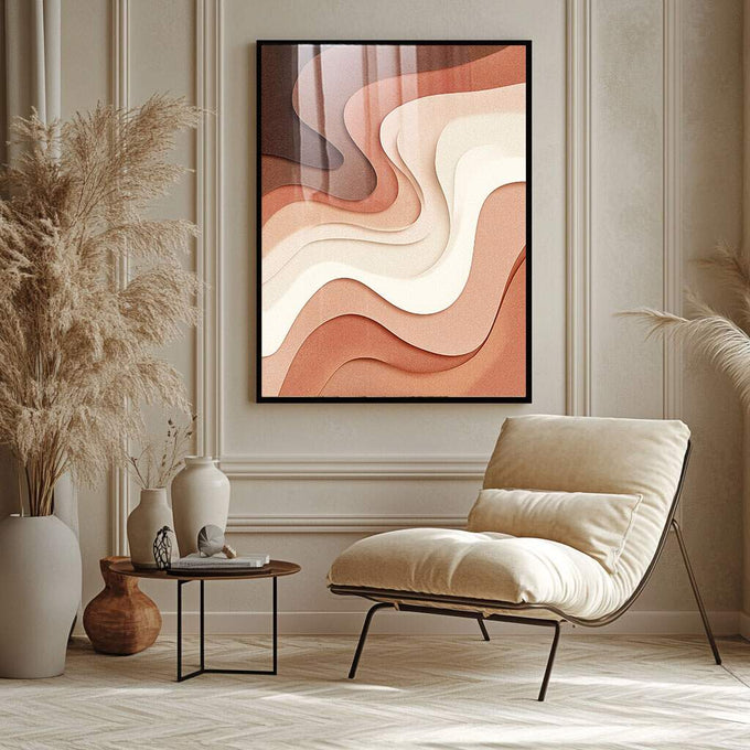 Quadro Decorativo Ondas de Terra | quadros decorativos para sala | Formas ondulantes abstratas em camadas de laranja, bege e creme com composição fluida. | Porao dos Quadros