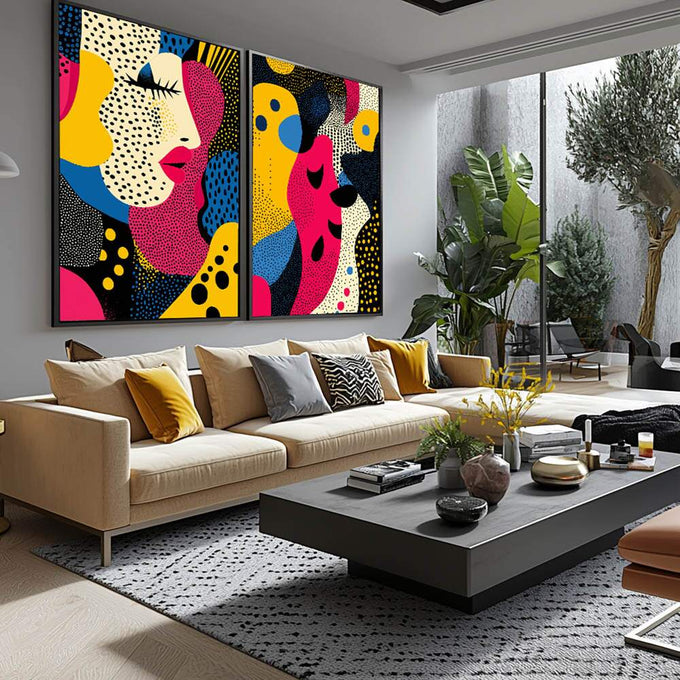 Quadro Decorativo Moderno: Elegância e Sofisticação em Dois Tons | quadros decorativos para sala | Díptico pop art com rosto feminino em magenta, amarelo, azul e preto com padrões pontilhados | Porao dos Quadros