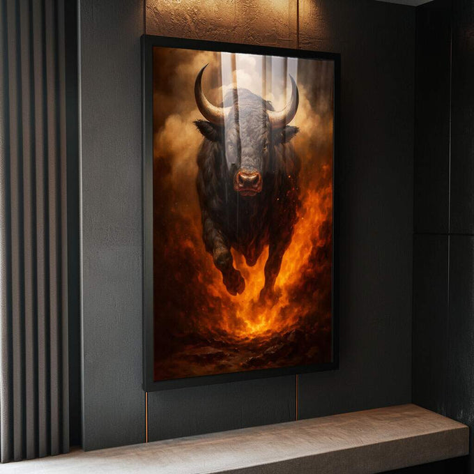 Quadro Decorativo Força do Touro Flamejante | quadros decorativos para sala | Touro preto com chamas vermelhas e douradas, olhos brilhantes, emergindo do fogo em composição dramática | Porao dos Quadros