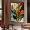 Quadro Decorativo Folhas Estilosas Natureza Moderna | quadros decorativos para sala | Folhagem tropical com folhas em tons dourados, vermelhos e verdes em composição botânica elegante | Porao dos Quadros