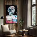 Busto grego de mármore em perfil com respingos rosa, azul e amarelo sobre fundo preto, quadro decorativo