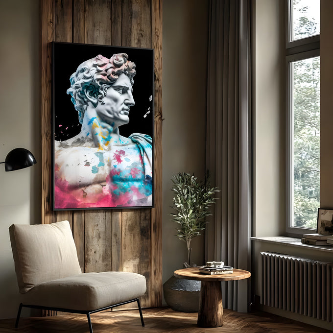 Busto grego de mármore em perfil com respingos rosa, azul e amarelo sobre fundo preto, quadro decorativo
