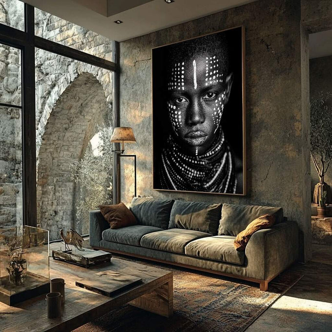 Quadro Decorativo Rosto Humano em Preto e Branco | quadros decorativos para sala | Rosto africano em preto com padrões geométricos brancos em composição simétrica e hipnotizante | Porao dos Quadros