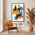 Quadro Decorativo Diálogo Vibrante do Casal | quadros decorativos para sala | Colagem moderna com fotografias preto e branco, formas geométricas azuis, laranja e círculo amarelo em composição vertical. | Porao dos Quadros