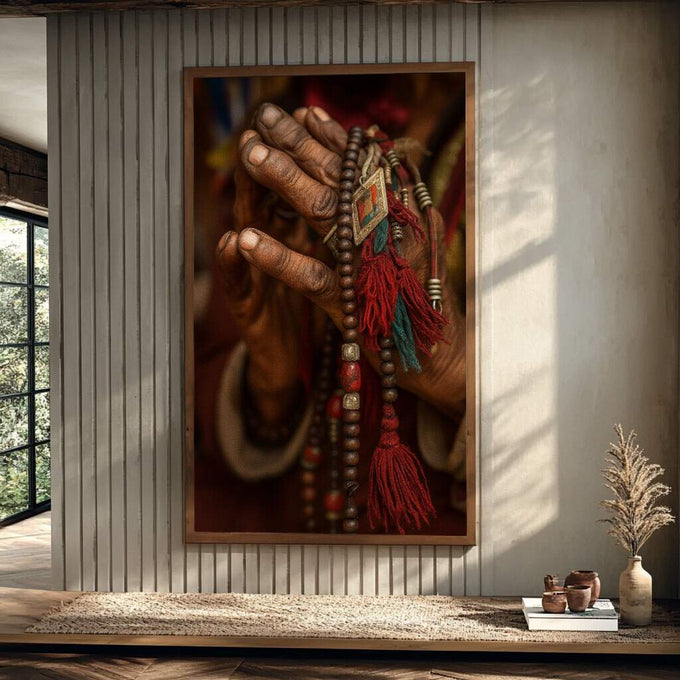 Quadro Decorativo Mãos e Contas Com Arte | quadros decorativos para sala | Mãos em oração segurando terço com fitas vermelhas em tons quentes e iluminação delicada | Porao dos Quadros
