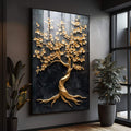 Quadro Decorativo Árvore Nobre Dourada | quadros decorativos para sala | Árvore dourada com flores em galhos contra fundo preto texturizado com raízes ornamentadas | Porao dos Quadros