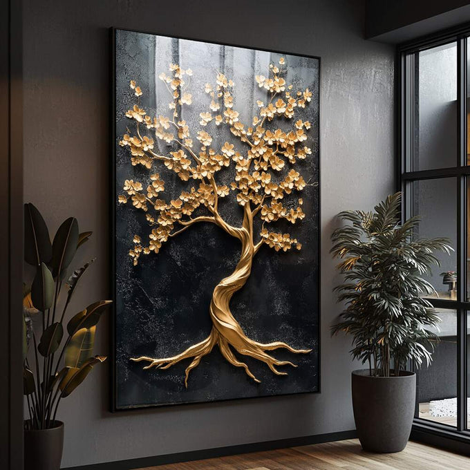 Quadro Decorativo Árvore Nobre Dourada | quadros decorativos para sala | Árvore dourada com flores em galhos contra fundo preto texturizado com raízes ornamentadas | Porao dos Quadros