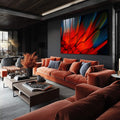 Quadro Decorativo Energia e Harmonia | quadros decorativos para sala | Penas vermelhas, laranja e azuis em movimento dinâmico sobre fundo escuro | Porao dos Quadros