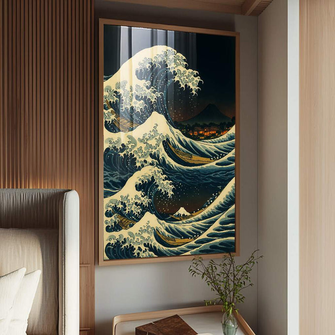 Quadro Decorativo Abstrato Onda de Impacto | quadros decorativos para sala | Grande onda azul e dourada com espuma branca e Monte Fuji ao fundo em composição dramática | Porao dos Quadros