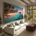 Quadro Decorativo Tropical Sereno | quadros decorativos para sala | Praia tropical com casa de madeira e palmeiras ao entardecer com água turquesa cristalina | Porao dos Quadros