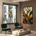Quadro Decorativo Naturaleza: Arte Orgânica e Vibrante | quadros decorativos para sala | Folhas tropicais estilizadas em amarelo, verde e dourado com composição moderna e dinâmica | Porao dos Quadros