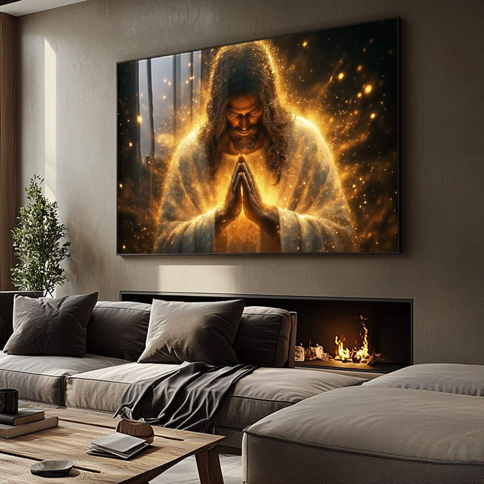 Quadro Decorativo Aura de Luz Dourada | quadros decorativos para sala | Figura divina em oração envolvida em aura dourada luminosa com partículas brilhantes | Porao dos Quadros