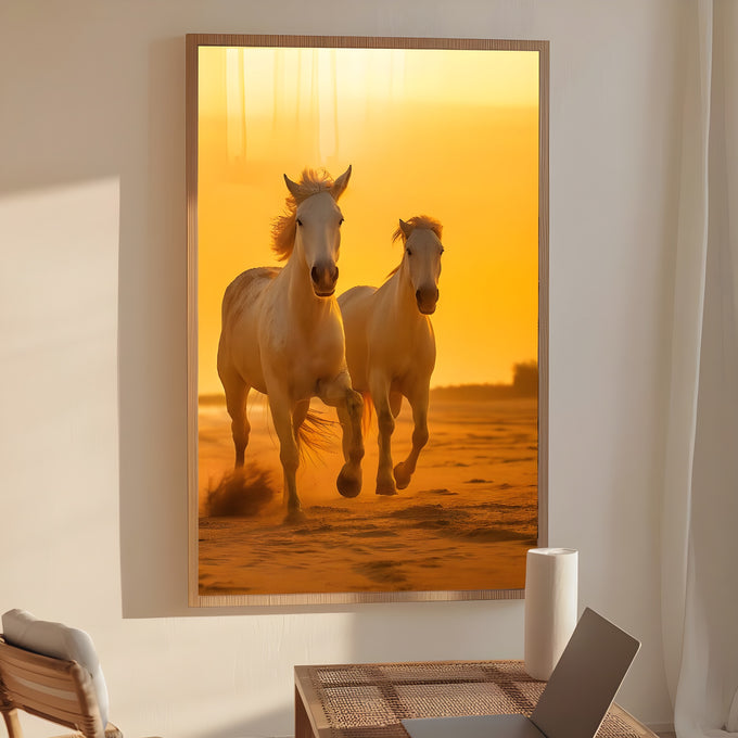 Dois cavalos brancos galopando na areia com céu dourado de pôr do sol ao fundo, quadro decorativo