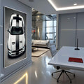 Quadro Decorativo Carro Esportivo em Movimento | quadros decorativos para sala | Mustang branco com faixas pretas em visão superior com contraste marcante | Porao dos Quadros