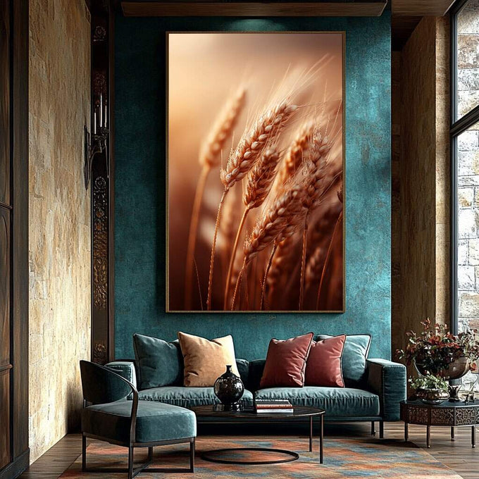 Quadro Decorativo Espigas de Trigo Douradas | quadros decorativos para sala | Trigo dourado em campo com luz natural iluminando espigas em composição realista e fotográfica | Porao dos Quadros