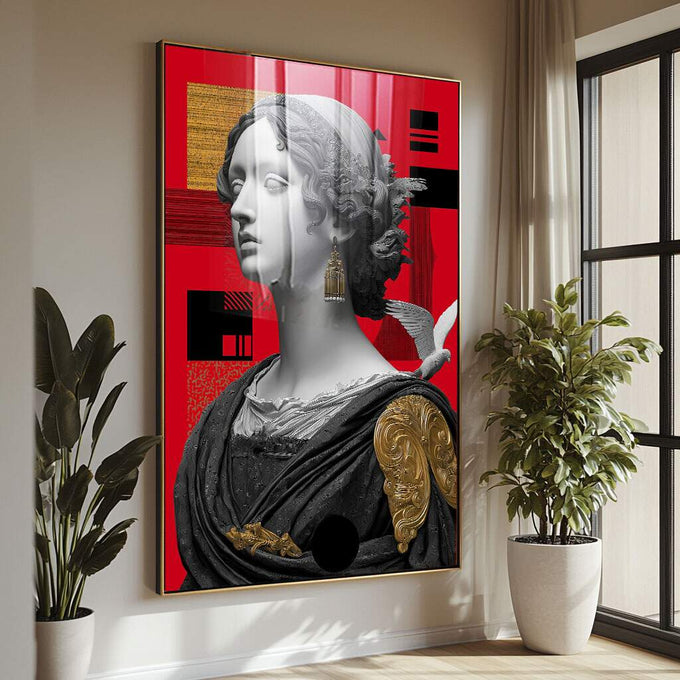 Quadro Decorativo Elegância Moderna | quadros decorativos para sala | Busto clássico em branco e cinza sobre fundo vermelho vibrante com detalhes em dourado e preto. | Porao dos Quadros
