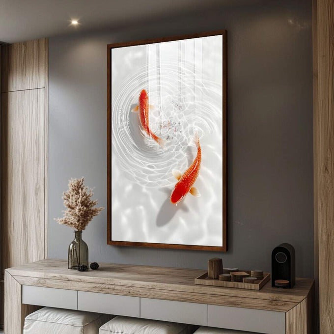 Quadro Decorativo Koi em Serenidade | quadros decorativos para sala | Duas carpas vermelhas em padrão de ondas concêntricas brancas e cinzentas. | Porao dos Quadros