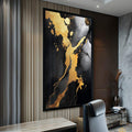 Quadro Decorativo Abstrato Luxuoso em Dourado e Preto Transforme Seu Ambiente | quadros decorativos para sala | Mapa da Ásia em tons dourados e prateados sobre fundo preto com composição abstrata. | Porao dos Quadros