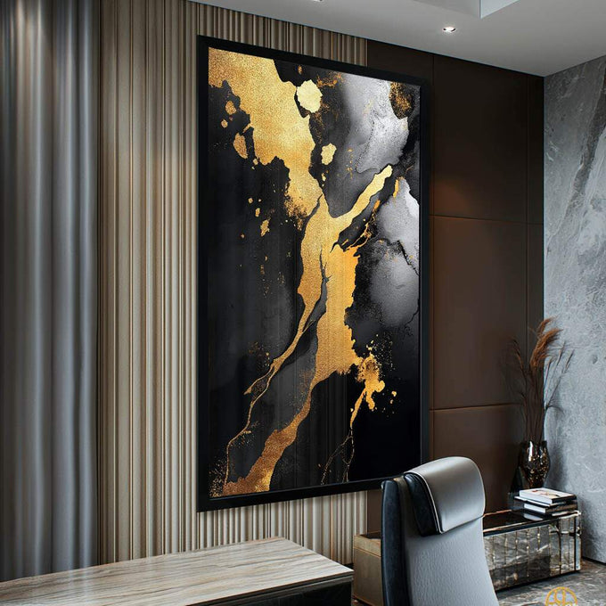 Quadro Decorativo Abstrato Luxuoso em Dourado e Preto Transforme Seu Ambiente | quadros decorativos para sala | Mapa da Ásia em tons dourados e prateados sobre fundo preto com composição abstrata. | Porao dos Quadros