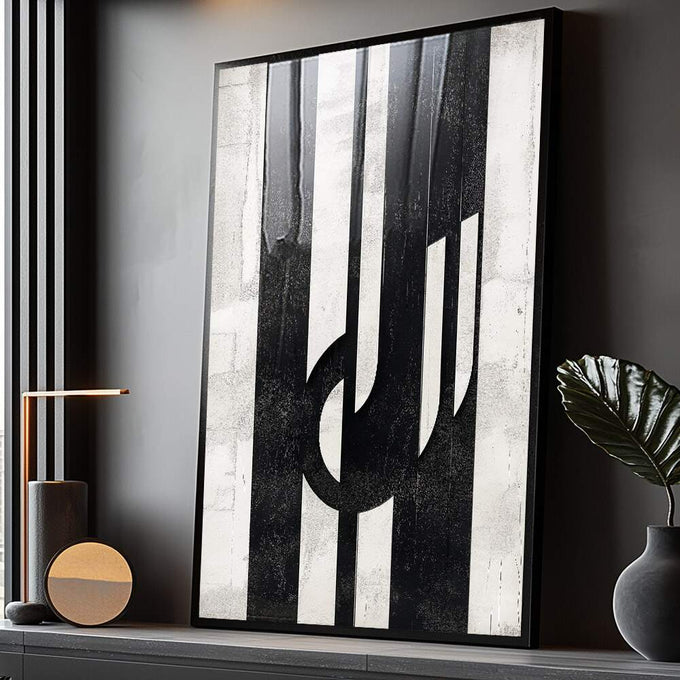 Quadro Decorativo Dinamismo Preto e Branco | quadros decorativos para sala | Composição abstrata com formas geométricas em preto e branco com listras e contrastes. | Porao dos Quadros