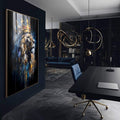 Quadro Decorativo Leão Majestoso Luxo | quadros decorativos para sala | Leão majestoso de perfil com coroa dourada em tons pretos, azuis e dourados. | Porao dos Quadros