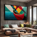 Quadro Decorativo Canoa Vermelha em Movimento | quadros decorativos para sala | Gôndola vermelha com vela geométrica em azul, amarelo e vermelho, composição artística contemporânea. | Porao dos Quadros