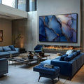 Abstrato marmorizado em azul marinho e lilás com veios cor de cobre, quadro decorativo