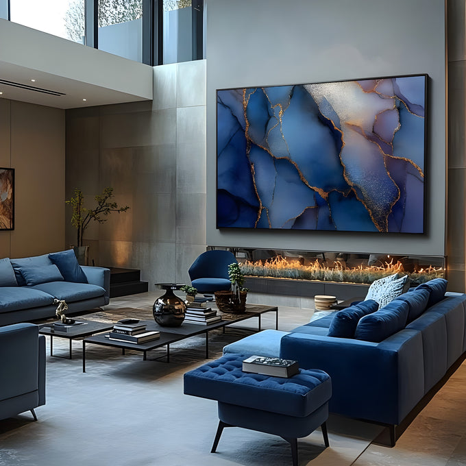 Abstrato marmorizado em azul marinho e lilás com veios cor de cobre, quadro decorativo