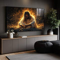 Quadro Decorativo Jesus Cristo - Arte Inspiradora para Seu Ambiente | quadros decorativos para sala | Figura sagrada em contemplação envolta em aura dourada luminosa e partículas de luz incandescentes | Porao dos Quadros