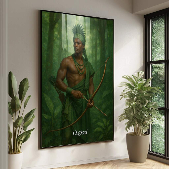 Quadro Decorativo Orixá Oxóssi: Caçador da Vida | quadros decorativos para sala | Guerreiro indígena com arco retesado em floresta verde profunda, composição realista majestosa | Porao dos Quadros