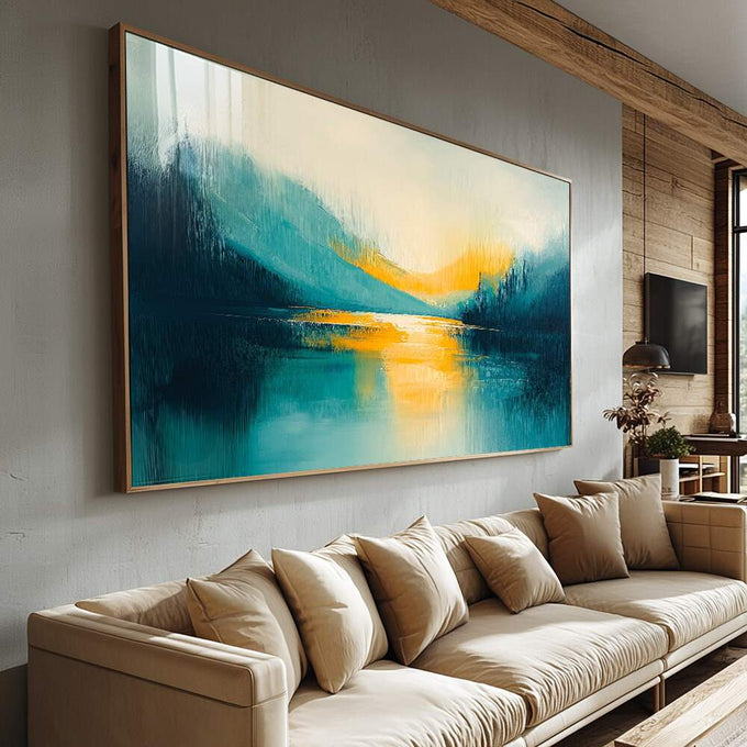 Quadro Decorativo Paisagem Moderna e Serena | quadros decorativos para sala | Lago turquesa com montanhas azuis e amanhecer dourado refletido na água com pinceladas expressivas. | Porao dos Quadros
