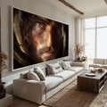 Quadro Decorativo Olhar Profundo | quadros decorativos para sala | Retrato masculino fotorrealista com iluminação dourada e fundo preto, composição monumental vertical | Porao dos Quadros