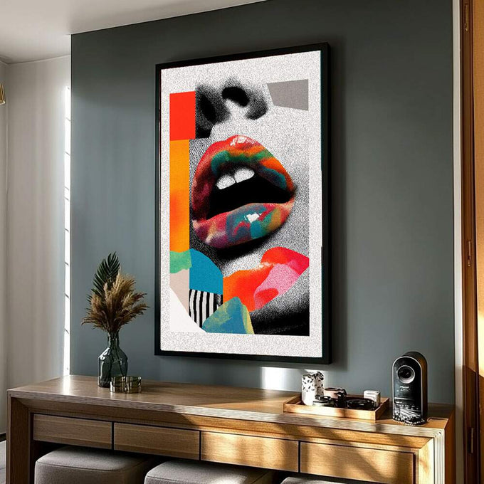 Quadro Decorativo Lábios Vibrantes | quadros decorativos para sala | Boca aberta colorida em vermelho, azul e laranja com formas geométricas em composição pop art fotográfica. | Porao dos Quadros