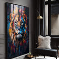 Quadro Decorativo Leão Majestoso e Vibrante | quadros decorativos para sala | Leão majestoso com tons vibrantes e efeito explosivo em estilo expressionista abstrato | Porao dos Quadros