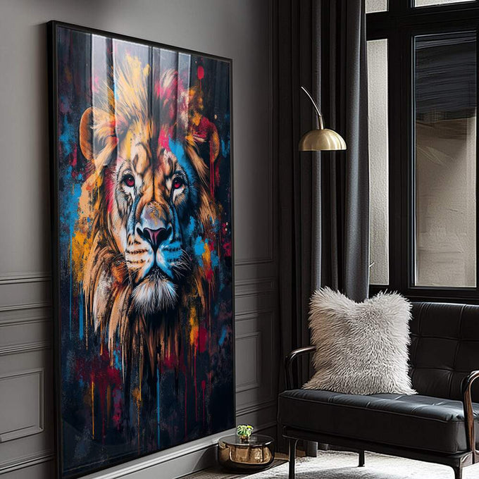 Quadro Decorativo Leão Majestoso e Vibrante | quadros decorativos para sala | Leão majestoso com tons vibrantes e efeito explosivo em estilo expressionista abstrato | Porao dos Quadros