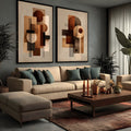 Díptico geométrico com círculos, retângulos e linhas em marrom, terracota e bege, quadro decorativo