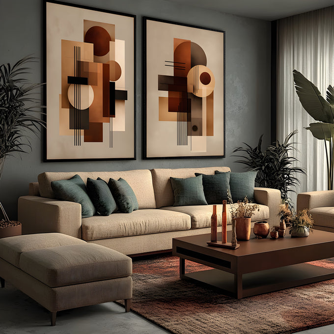 Díptico geométrico com círculos, retângulos e linhas em marrom, terracota e bege, quadro decorativo
